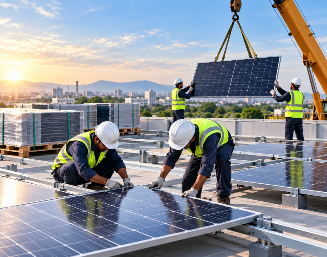 Field team installing solar panels
