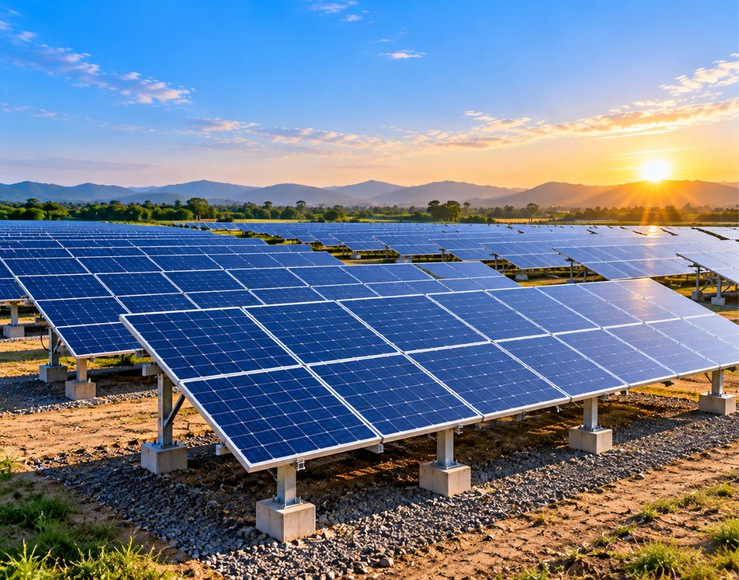 Aerial view of a ground-mounted solar farm